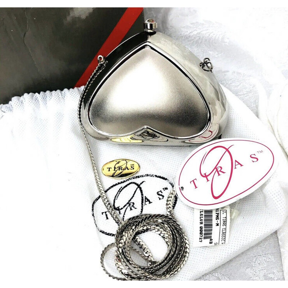 J Tiras Silver Heart Shaped Purse Crossbody Bag Shoulder Chain New -Tags Bag Box